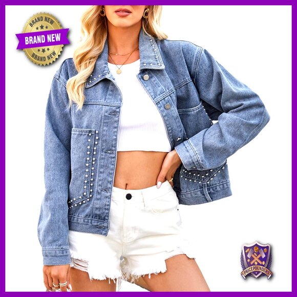 Oversized Denim Jacket Studded Rivet Details Casual Loose Fit Y2K Edgy Style